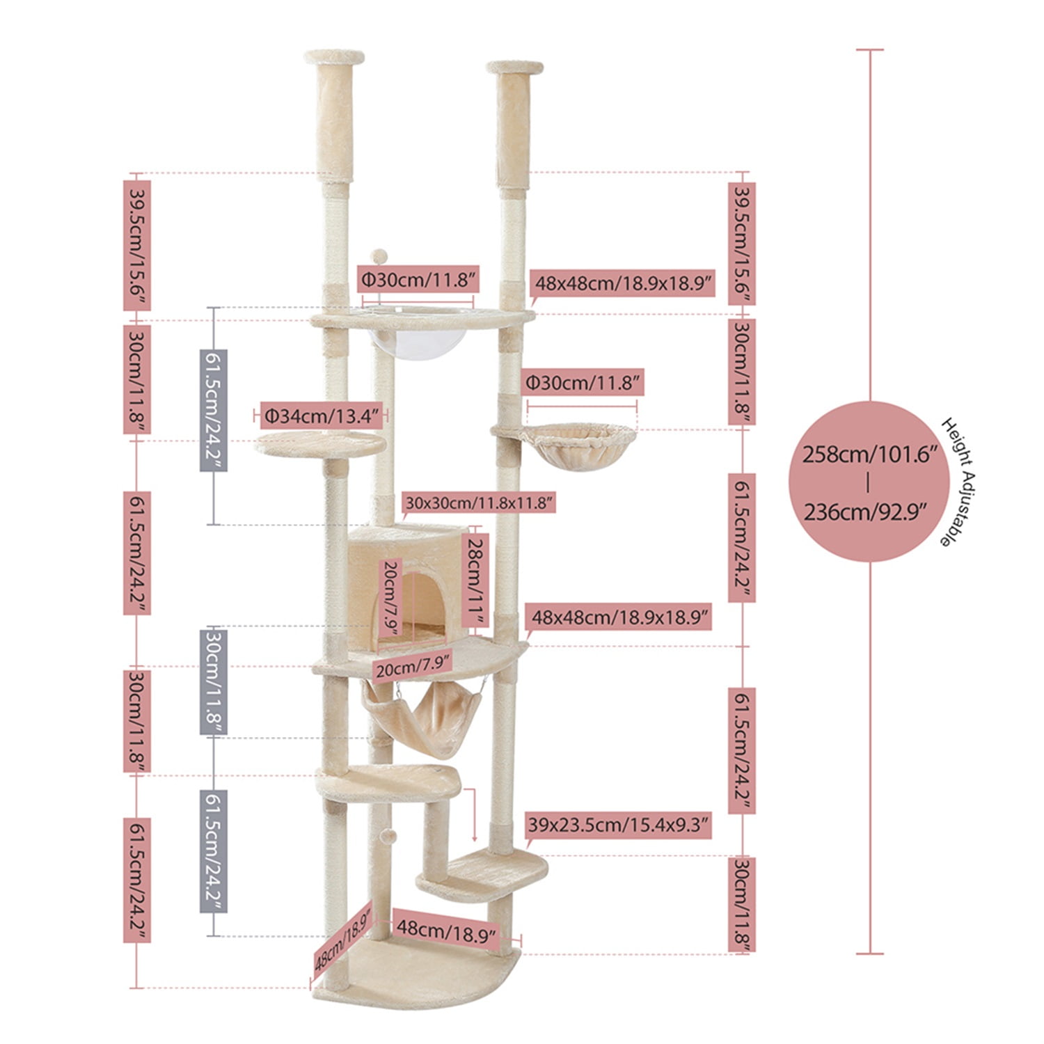 Pefilos Floor to Ceiling Cat Tree for Indoor 92.9"-101.6" Height Adjustable Cat Tower Tall Kitty Climbing Play House with Scratching Posts, Cozy Cat Condo, Perches and Large Hammock, Gray Pefilos Floor to Ceiling Cat Tree for Indoor 92.9"-101.6" Height Adjustable Cat Tower Tall Kitty Climbing Play House with Scratching Posts, Cozy Cat Condo, Perches and Large Hammock, Gray
