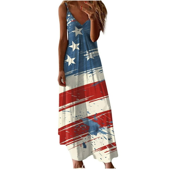 Cmfcve 4th of July Patriotic Dresses Sleeveless Deep-V Neck Summer Maxi Dress Lightweight Printed Beach Vacation Sundress