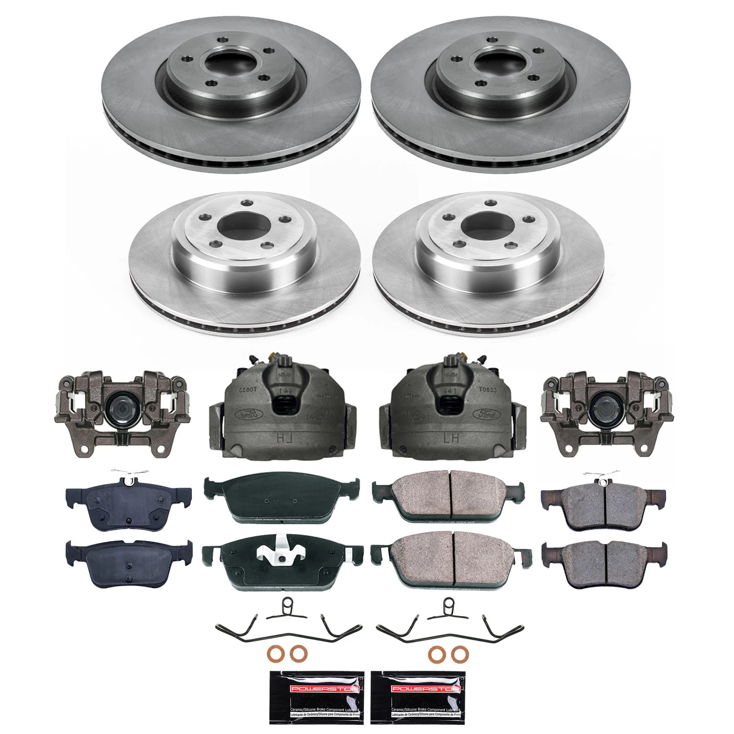 PowerStop Front and Rear Stock Replacement Brake Pad and Rotor Kit with Calipers Fits: LINCOLN Select Models KCOE8390