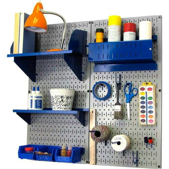 Pegboard Hobby Craft Organizer Storage Kit, Gray & Blue - 32 x 32 x 9 in.