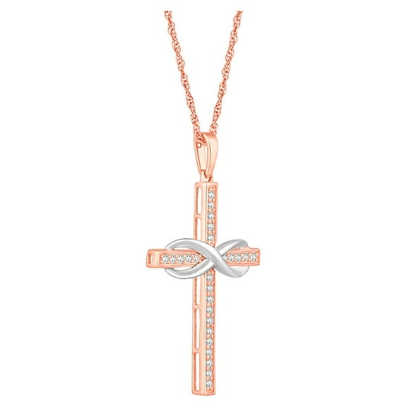 Araiya Fine Jewelry 10K Rose and White Gold Round Diamond Cross Pendant with Gold Plated Silver Rope Chain Necklace (1/5 cttw, I-J Color, I2-I3 Clarity), 18"