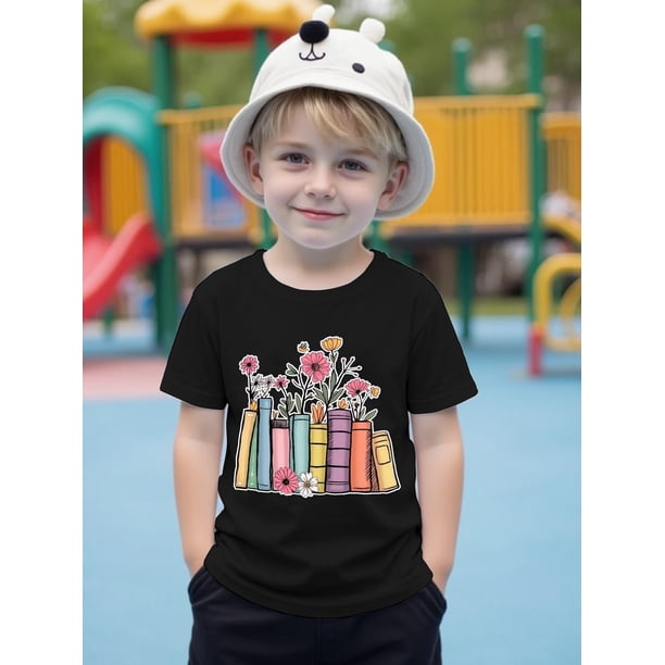 Boys' Graphic Cotton Short-Sleeve T-Shirt - Cute Cartoon Print with Colorful Pencils & Flowers, Round Neck Summer Casual Top, Lightweight & Breathable for Outdoor Play, Perfect for Outdoor