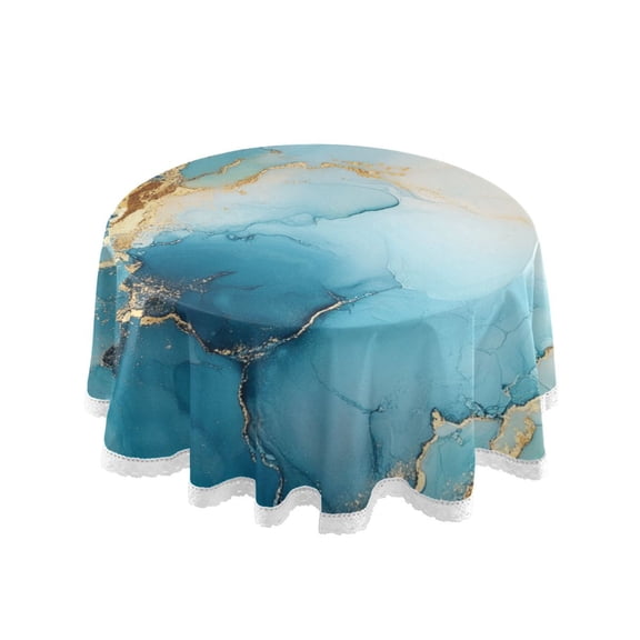 Qxltty Gilt Cyan Marble Round Tablecloth 60 Inch Dia Washable Table Cover with Dust-Proof Wrinkle Resistant for Restaurant Picnic Indoor and Outdoor Dining