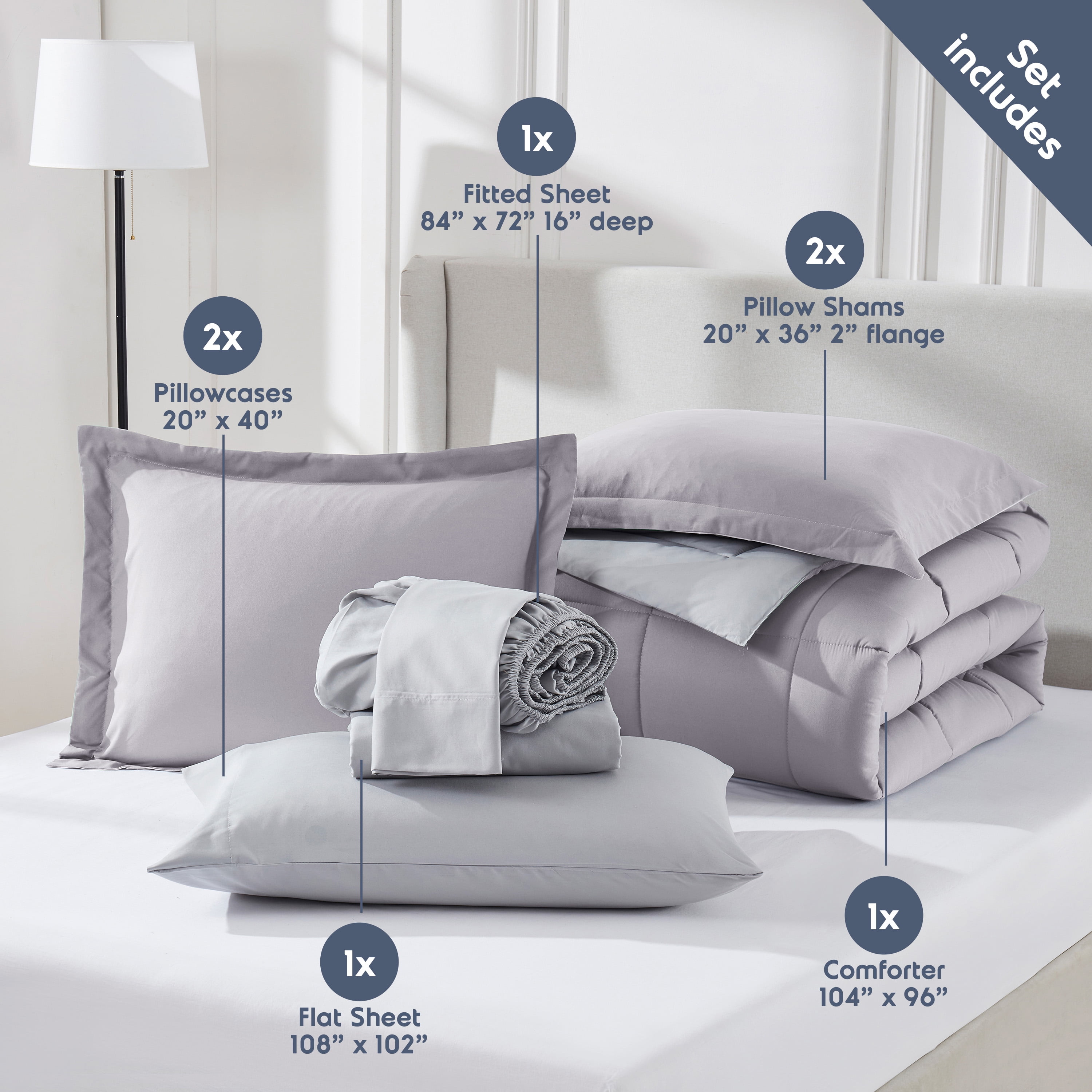 LammaLoe King Comforter Set, With King Sheets, Reversible Bed In A Bag 7 Piece, Bedding Set, Grey Lavender