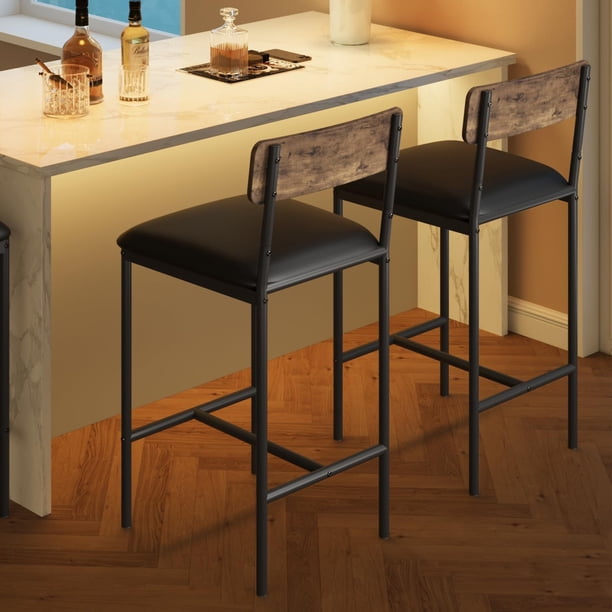 Set of 2 rustic brown forrado kitchen bar stools con footrest y back, 25.5 pulgadas counter - height, easy to assemble para counter, bar, y island