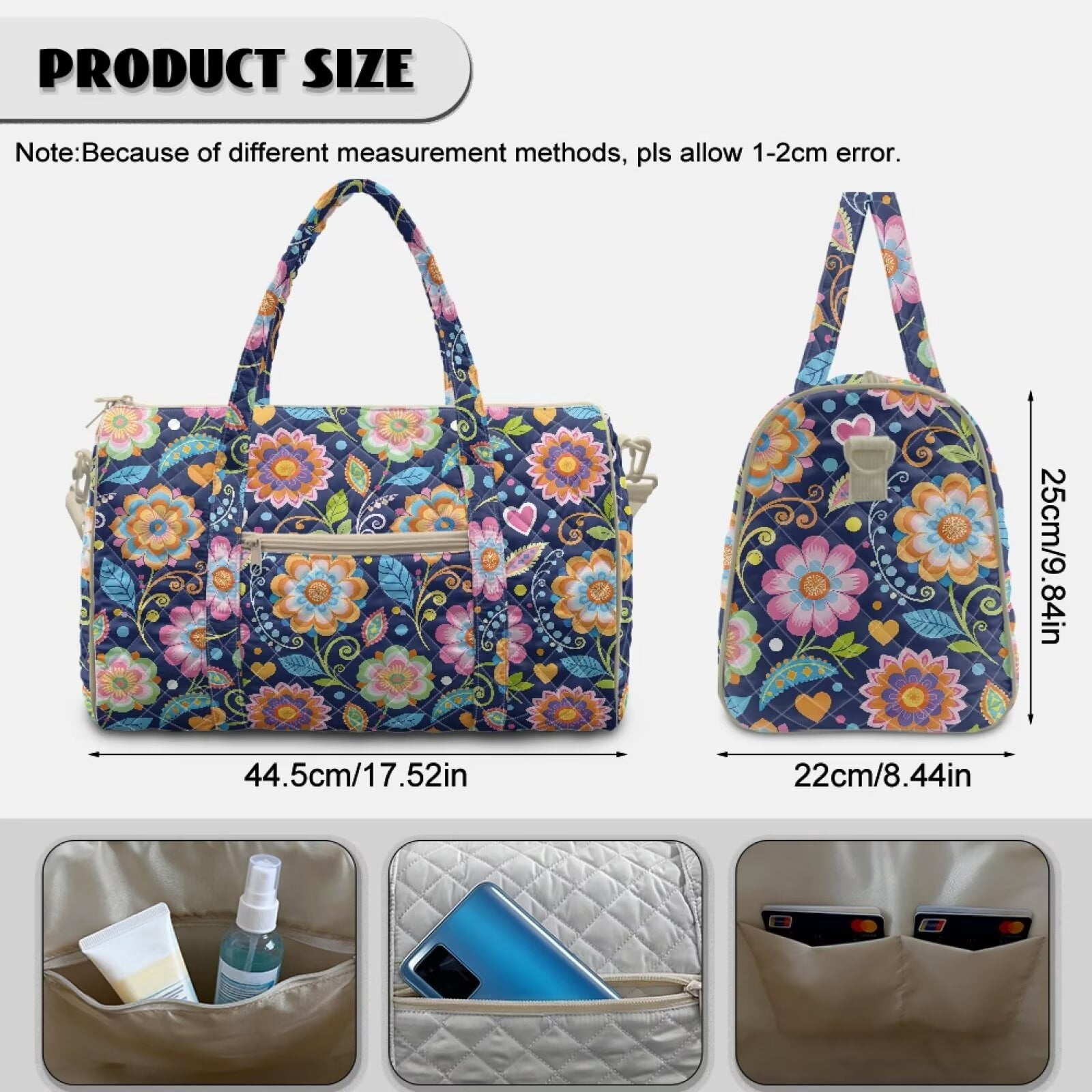 Pzuqiu Floral Quilted Weekender Bag for Women Large Puffer Duffle Bag, Lightweight Travel Carry On Tote Overnight Gym Bags with Luggage Sleeve for Travel, Work, Beach