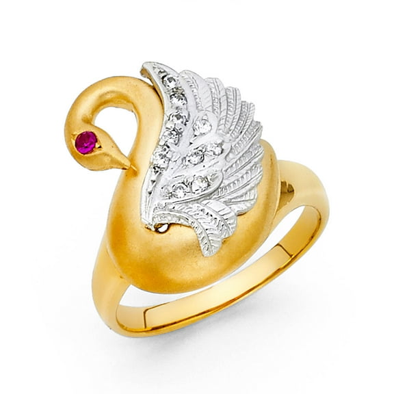 14k White Yellow Gold Swan Ring Duck Band CZ Goose Diamond Cut Satin Polished Two Tone Size 7