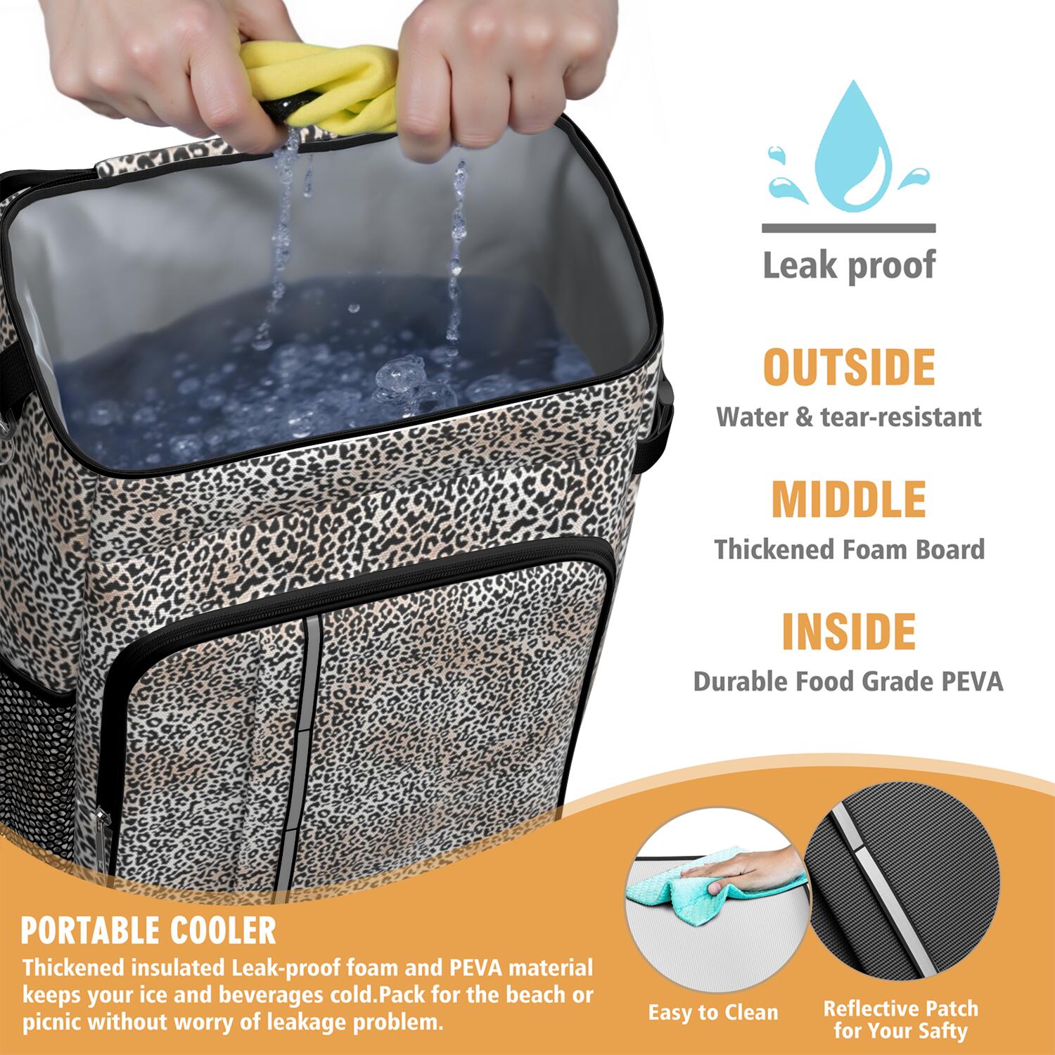 Travel Cooler Bag - Black and Tan Leopard Print Camping Beer Cooler Backpack with Bottle Opener- Waterproof Insulated Picnic Backpacks - Cooler Bag for Beach