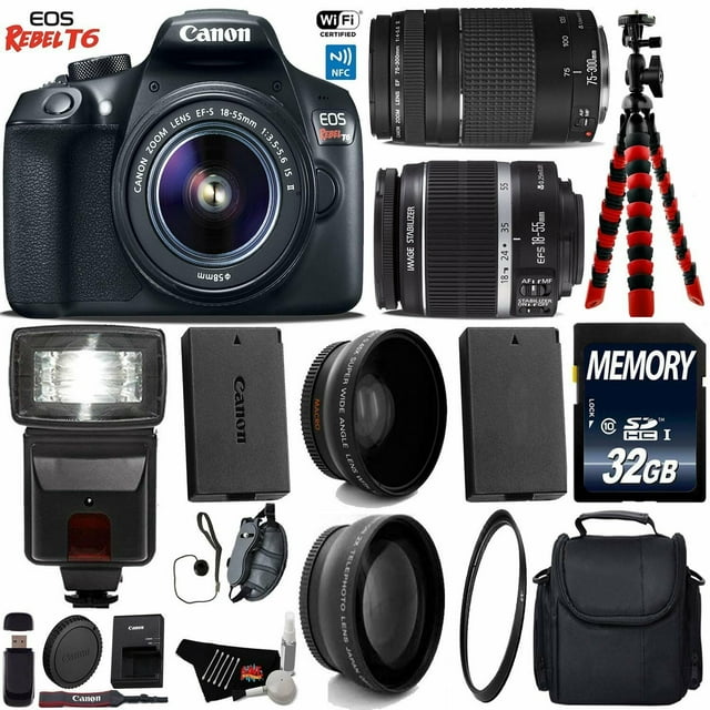 Canon EOS Rebel DSLR Camera 18-55mm is II Lens & 75-300mm III Lens + Flash + UV FLD CPL Filter Kit + Wide Angle & Telephoto Lens + Camera Case + Tripod + Card Reader - Intl Model