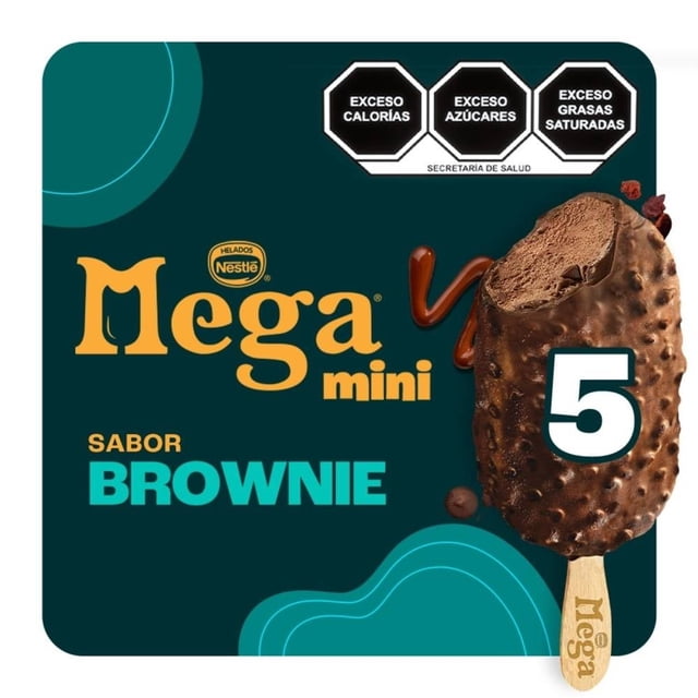 paleta helada mega sabor brownie 5 pzas 40 g c/u Caja frontal con logo Mega mini y texto 'sabor brownie', vista de 3/4 de una paleta helada con cobertura crocante de chocolate y trozos de almendra, palito de madera con marca 'Mega' y número '5' indicando las unidades; fondo verde azulado con formas decorativas y sellos de advertencia nutricional en la parte superior.
