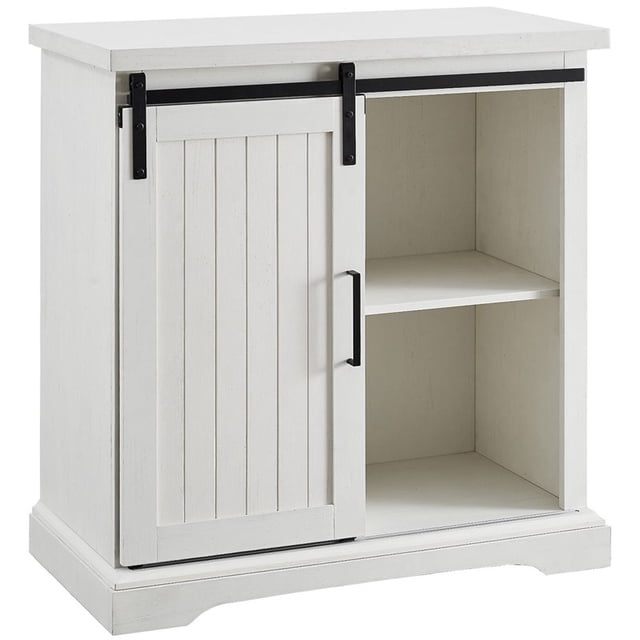 Walker Edison Carson Modern Farmhouse Sliding Slat Door Storage Cabinet, 32 Inch, Brushed White