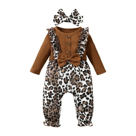 

ZRBYWB Girls Romper Summer Long Sleeve Jumpsuit Shoulder Strap Jumpsuit Leopard Print Cardigan Pants Girls Romper Children s Clothing Cute Summer Clothes