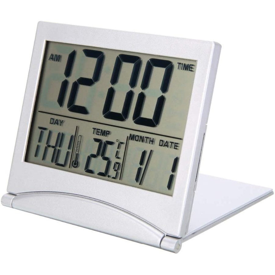 Pocket Foldable LCD Digital Travel Desk Alarm Clock Snooze Date Day Thermometer 