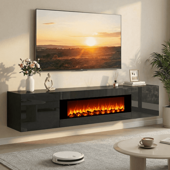 Flictozena 70" Floating TV Stand with 36" Electric Fireplace, Wall Mounted Entertainment Center for TVs Up to 80", TV Floating Cabinet for Living Room, Black