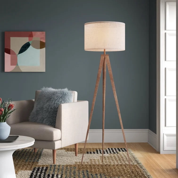 Rosen Garden Floor Lamp with Tripod Legs and Drum Shape Shade for Modern Living Room in Brown Beige Color