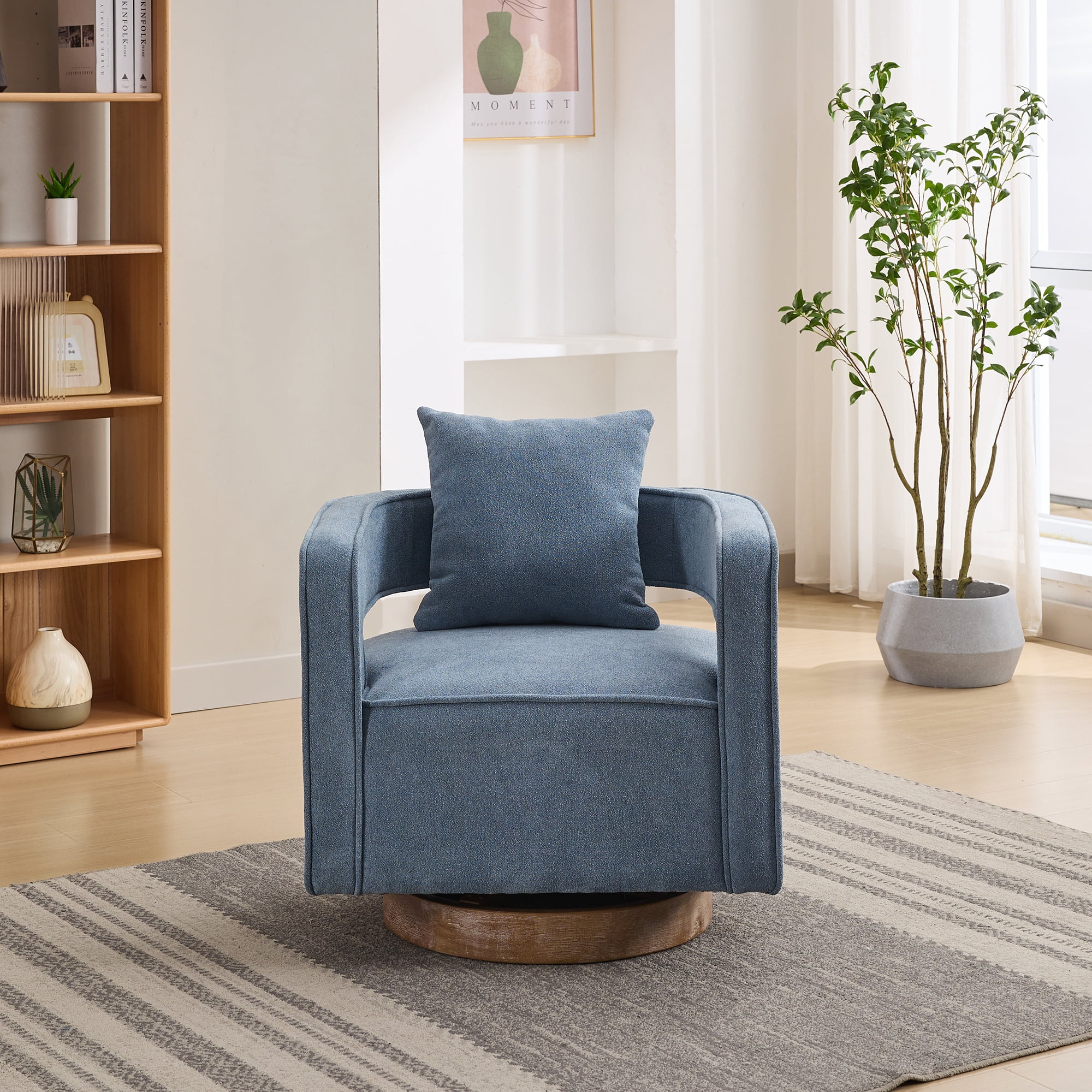 Leumius Swivel Accent Chair with Open Back,Modern Single Sofa Chair With Weathered Base for Nursery Bedroom Living Room Hotel Office, Club Chair Leisure Arm Chair for Lounge,Blue Linen Blend