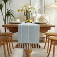 thumbnail image 6 of Wracra Rustic Linen Table Runner Farmhouse Style Table Runners 72 inches Long Embroidered Table Runner with Hand-Tassels for Party, Dresser Decor and Dining Room Decorations (Dusty Blue, 13"×72"), 6 of 6
