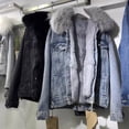 thumbnail image 2 of Winter Women Jacket with Furry Hood Thickened Plush Long Sleeves Pockets Button Closure Flap Pockets Coat Short Type Windproof Warm Denim Coat, 2 of 7