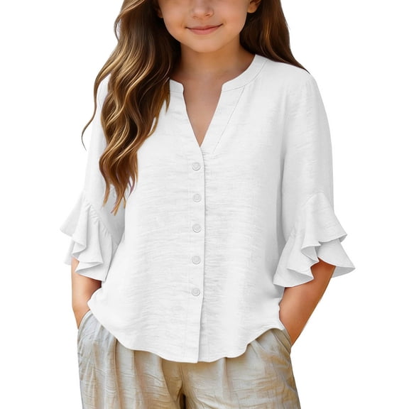 PiGOGI Girls Ruffle 3/4 Sleeve V-Neck Button Down Top Solid Color Soft Casual Blouse for Kids White 13Years