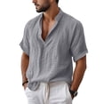 thumbnail image 2 of GrmtClth Mens Linen Shirt Short Sleeve Henley Shirts Summer Beach Casual Hippie T-Shirts Cotton Soft Collarless Top Gray 2XL, 2 of 7