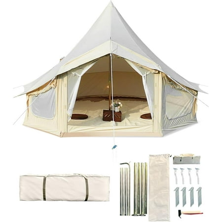 Accreate Canvas Bell Tent Sports Canvas Tents 4 Season Luxury Camping and Glamping Yurt Tent With 2 Stove Jack 4 Mesh Zipper Window