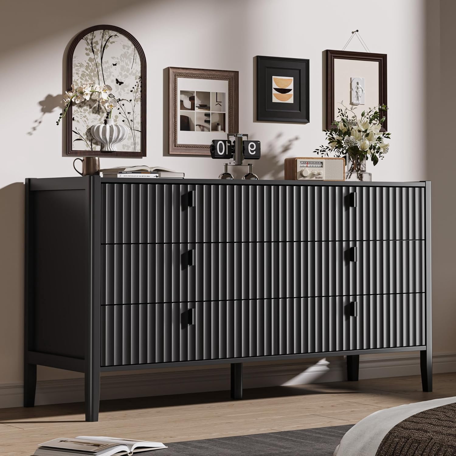 FURNIWAY Black 6 Drawer Dresser for Bedroom, Modern Wood Dresser, Fluted Design Double Chest of Drawers with Wood Legs, TV Stand Storage Cabinet for Bedroom, Living Rooms, Offices, and Entryways