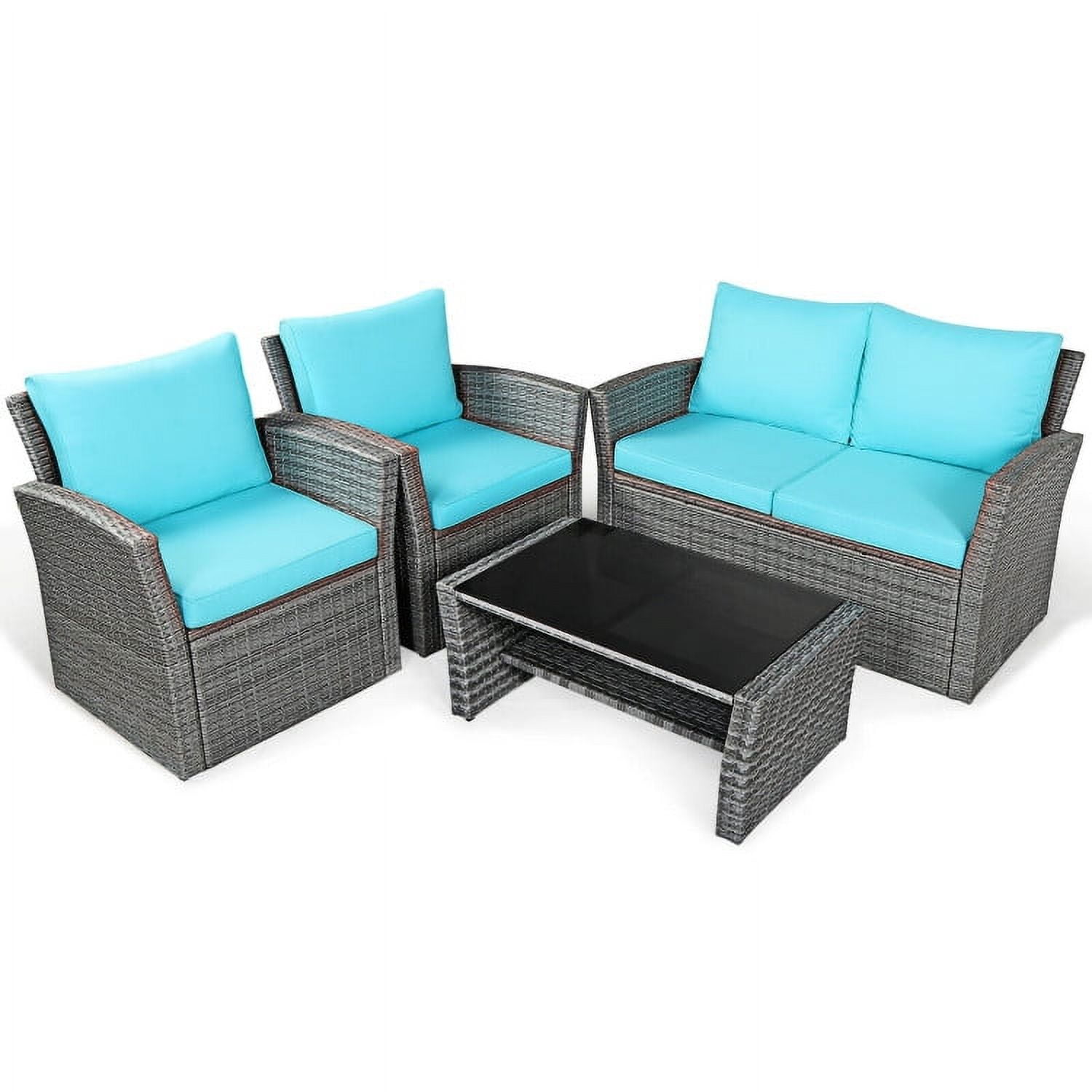 Aimee Lii 4 Pieces Wicker Patio Furniture Set Sofa Table with Storage Shelf Cushion, Modern Patio Furniture, Turquoise Aimee Lii 4 Pieces Wicker Patio Furniture Set Sofa Table with Storage Shelf Cushion, Modern Patio Furniture, Turquoise