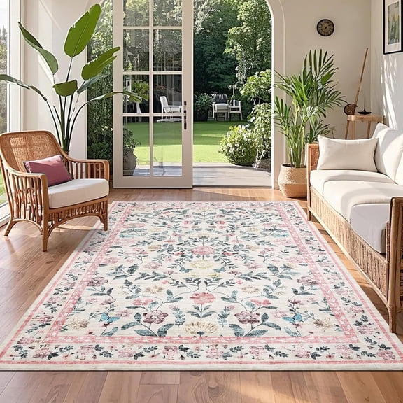 Xchearser Floral Washable Rug 4x6, Non-Slip Low Pile Botanical Carpet, Vintage Farmhouse Area Rug for Bedroom Nursery Kids Room Home Decor, Pink