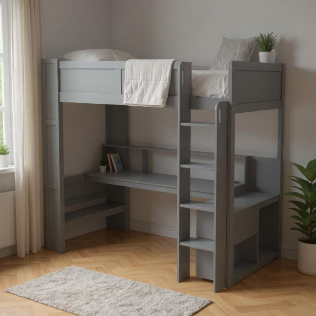 Homy Casa Wood Twin Size Gaming Loft Bed with Desk Shelves LED and Charging Station for Teen Bedrooms