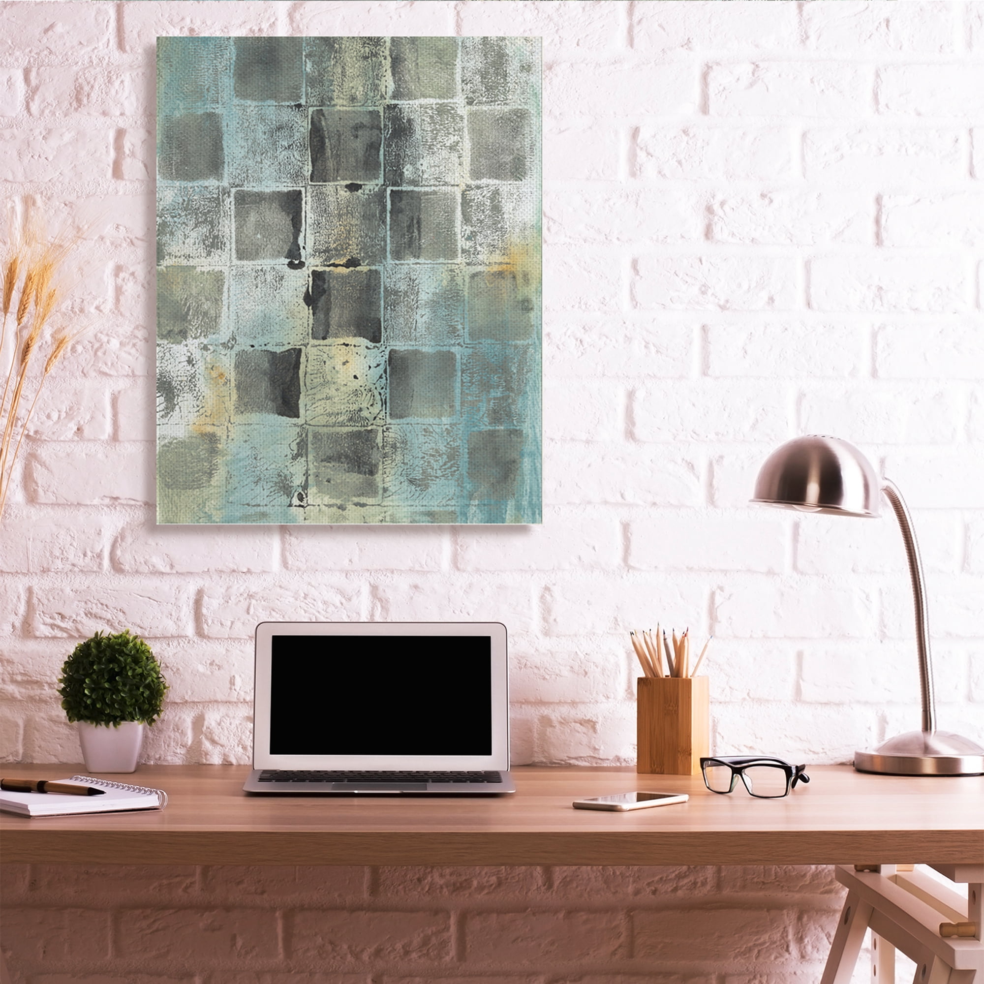 Stupell Industries Checker Block Pattern Abstraction over Blue Green Canvas Wall Art, 36 x 48, Design by Joyce Combs