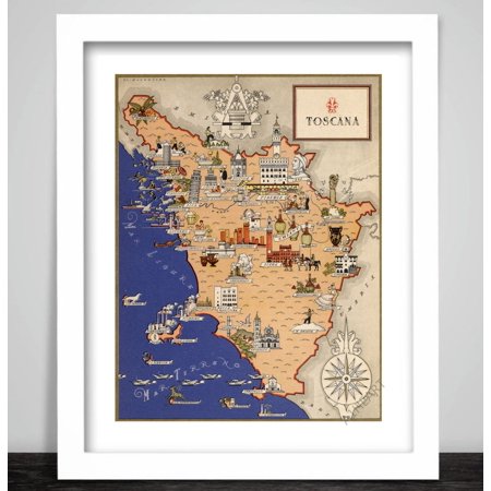 POSTER Tuscany Italy Map 1939 by De Agostini, Giovanni Poster Print. Retro Antique Italian Vintage Tourist Gift. Pisa, Florence, Wine, Chianti 654-UNFRAMED