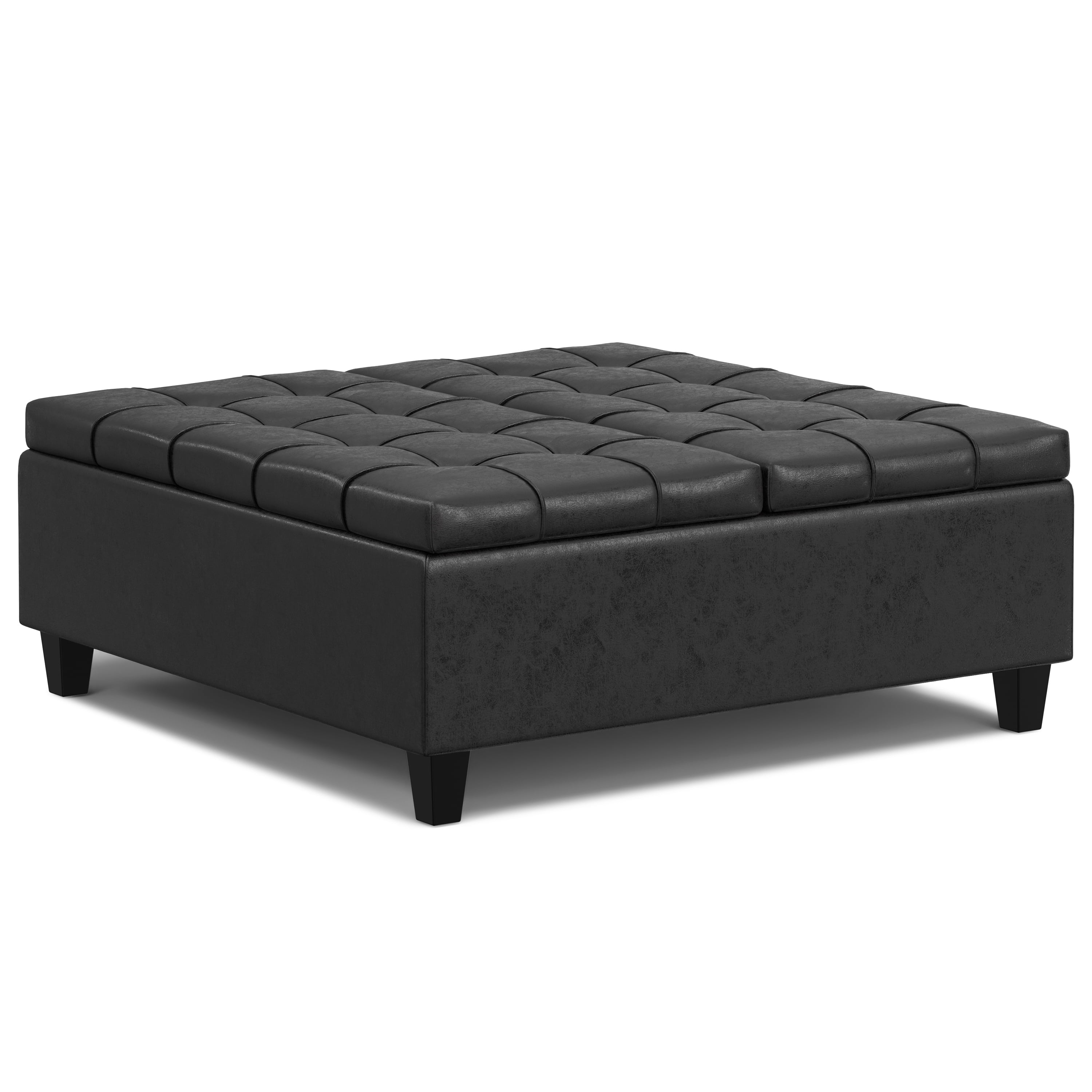 Simpli Home Harrison 40 inch Wide Transitional Square Large Coffee Table Storage Ottoman in Distressed Black Vegan Faux Leather