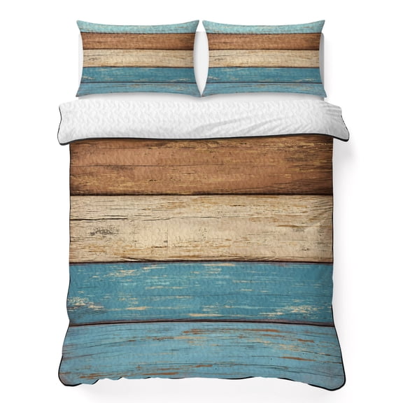 King Quilt Bedding Set Pale Blue Brown Wood Textures Summer Quilt Lightweight Quilted Coverlet with 2 Pillow Shams, Countryside Striped 3-Piece Bedspread Quilt Set for All Season