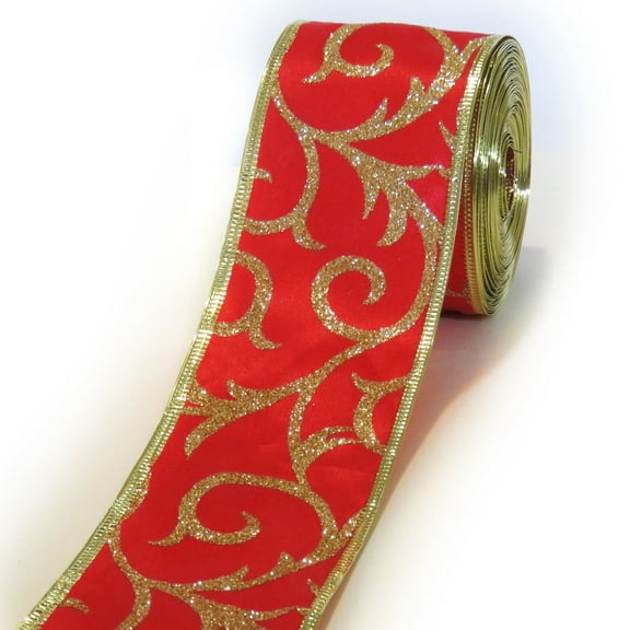 2 1/2" Christmas Wired Ribbon 40 feet Wide Red & Gold Glitter Red Satin Ribbon by Magic Ornaments