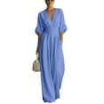 thumbnail image 2 of Women's Light Blue V-Neck Wide-Leg Jumpsuit, Batwing Sleeve Ruched Waist Maxi Jumpsuit Blue XL, 2 of 5