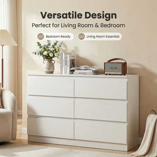 White 6 Drawer Dresser, Modern Dresser for Bedroom, Wood Storage Cabinet with 6 Deep Drawers, Concealed Handles for Living Room, Hallway Entryway