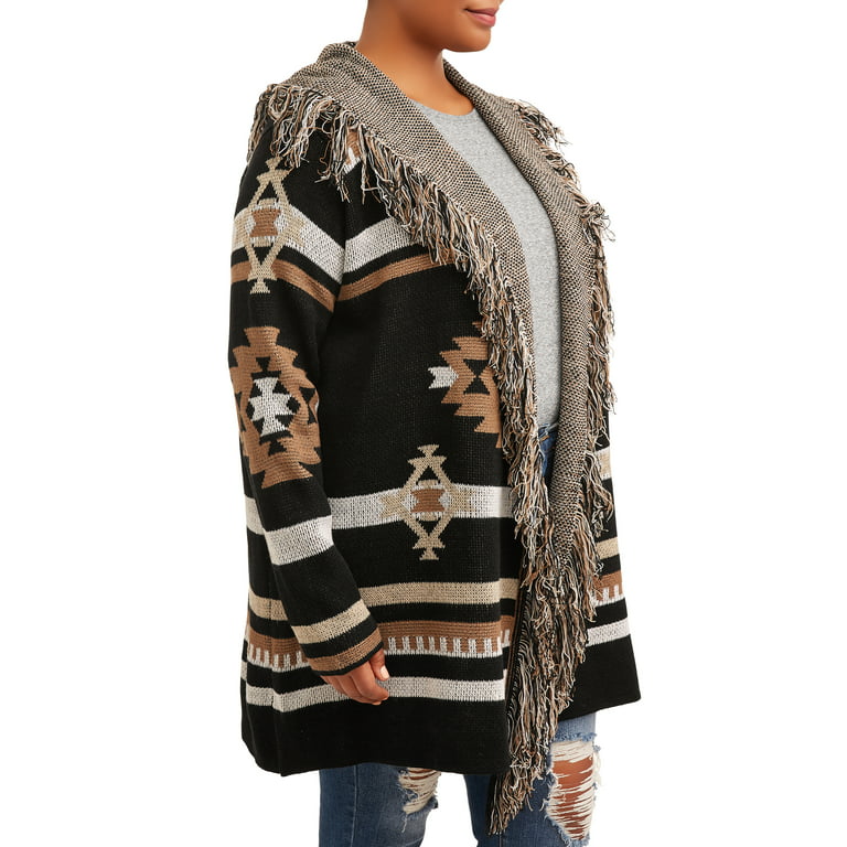 Absolutely Famous Women's Plus Size Jacquard Open Front Cardigan with  Fringe Trim, Midweight, Sizes 1X-3X 
