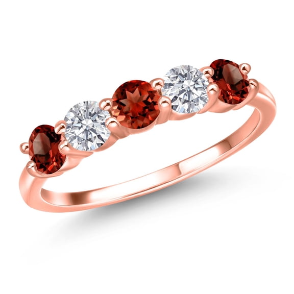 Gem Stone King 18K Rose Gold Plated Silver Red Garnet and E - F Lab Grown Diamond Wedding-Bands Ring for Women | 1.65 Cttw | Round 4MM | Gemstone January Birthstone | Size 5