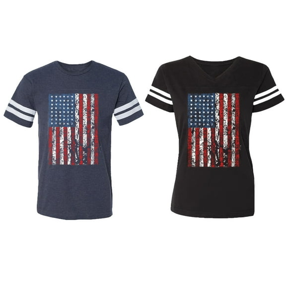 American Flag Matching Couple Cotton Jerseys (Men Navy / Women Black) (Men S / Women S)