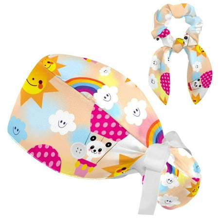 

Working Cap with Buttons and Sweatband Scrub Hat Bouffant Caps with Scrunchie Panda Tie Back Hats