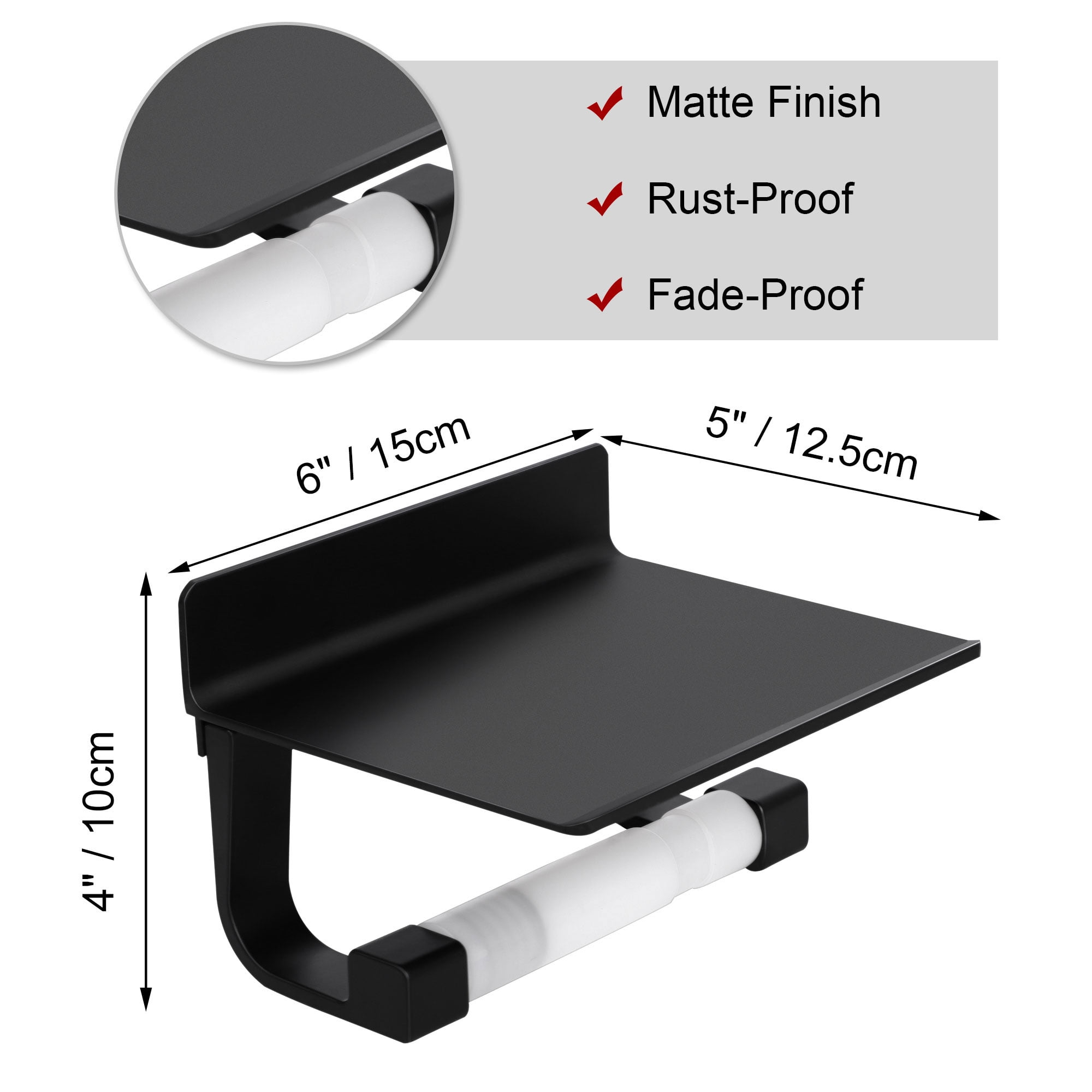 Unique Bargains Toilet Paper Holder with Phone Shelf No Drilling Bathroom Tissue Holder Black