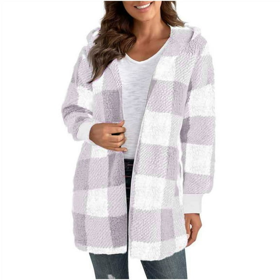 FDGIU Women's 2025 Plaid Shacket - Fleece Hooded Jacket, Warm Button Front Fall Winter Coat,Casual Plaid Fleece Hoodie Jacket