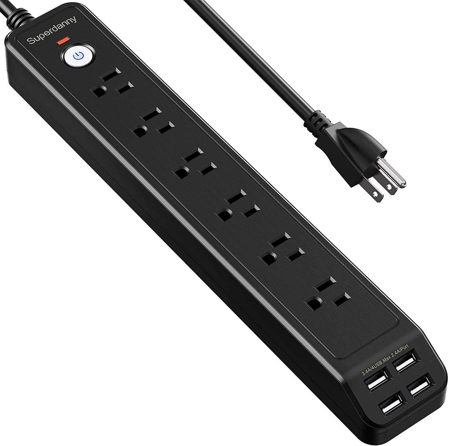 Power Strip Surge Protector Mountable Extension Cord Multiple Protection 6 Outlet 4 USB Ports