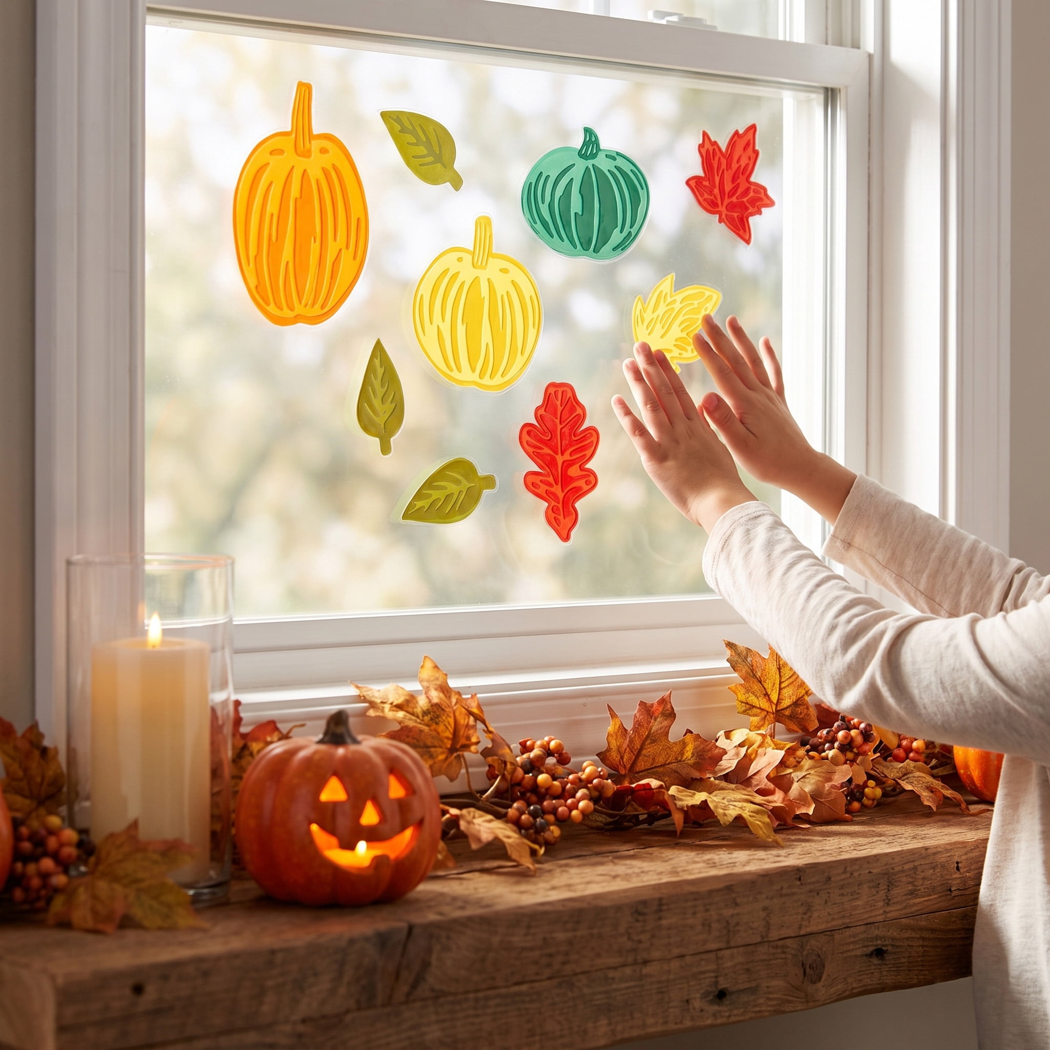 Pumpkins and Leaves Gel Clings, Multicolor, 5.5" x 12.1", Fall by Way To Celebrate