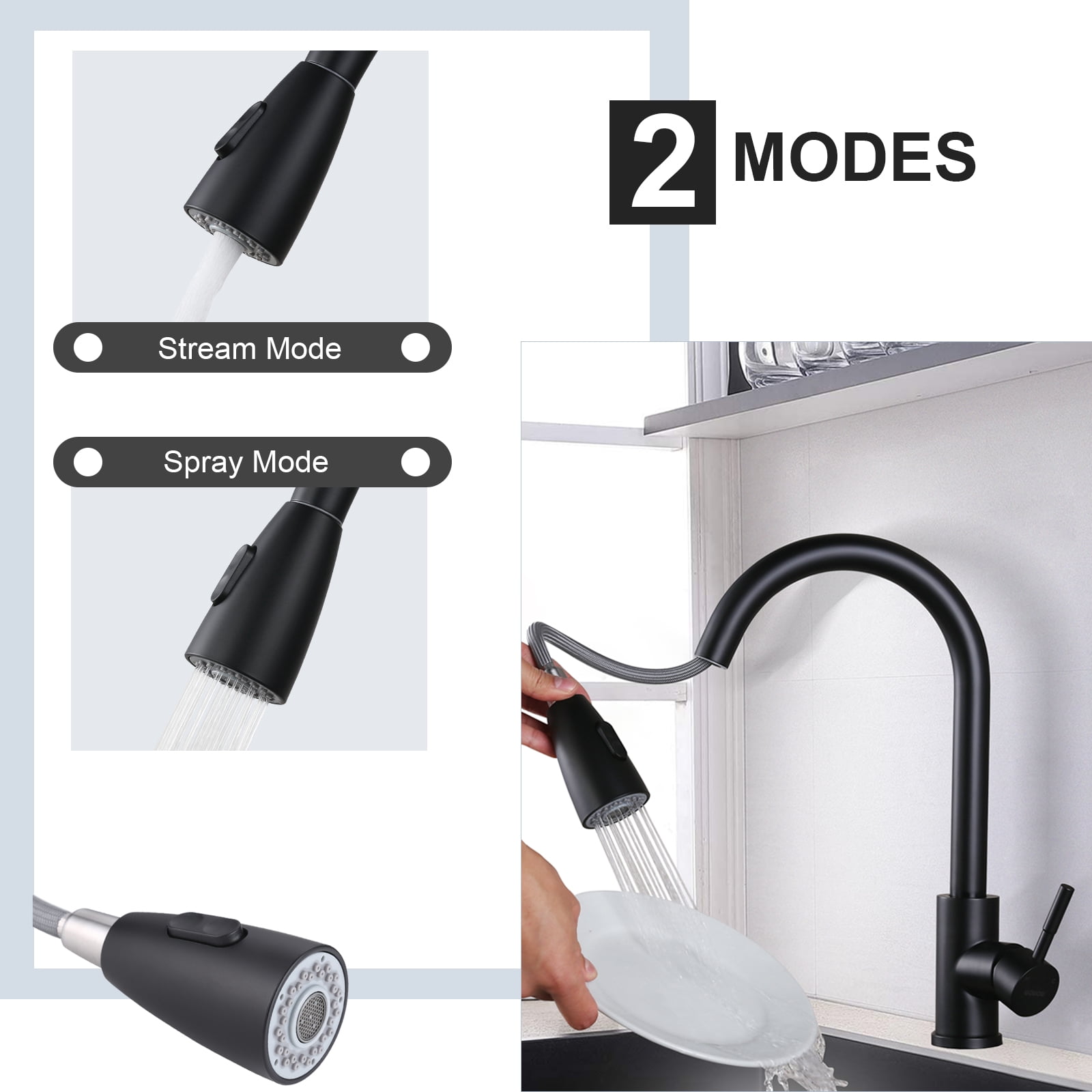 WOWOW Pull Down Kitchen Sink Faucet with Sprayer Stainless Steel Black 1 Handle Kitchen Faucets