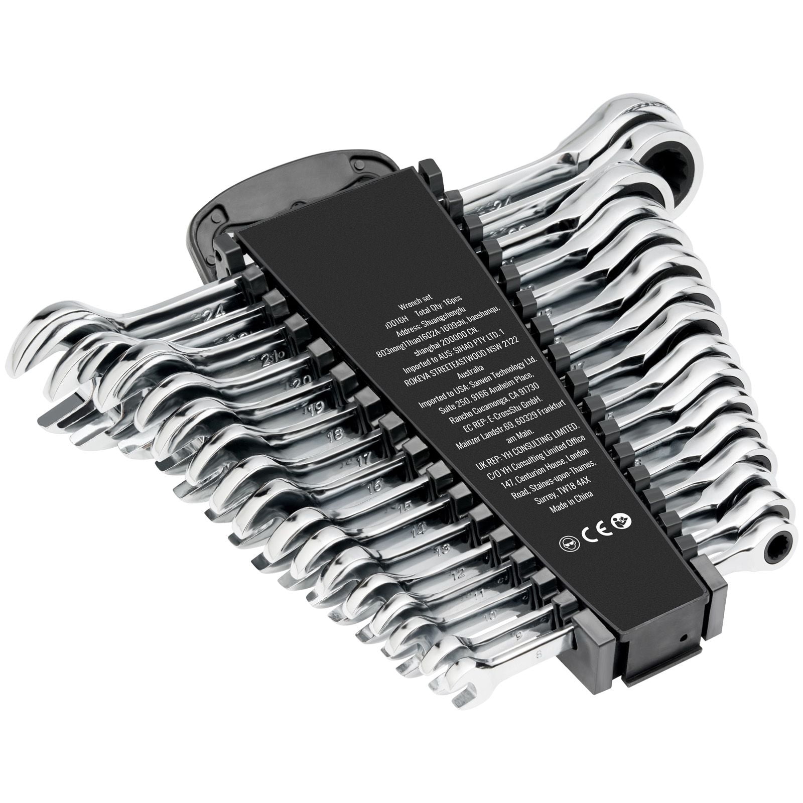 16-Piece Metric Wrench Set with 72-Tooth Ratchet, CR-V Steel, 5° Working Angle, Storage Rack, for Auto Repair DIY Maintenance