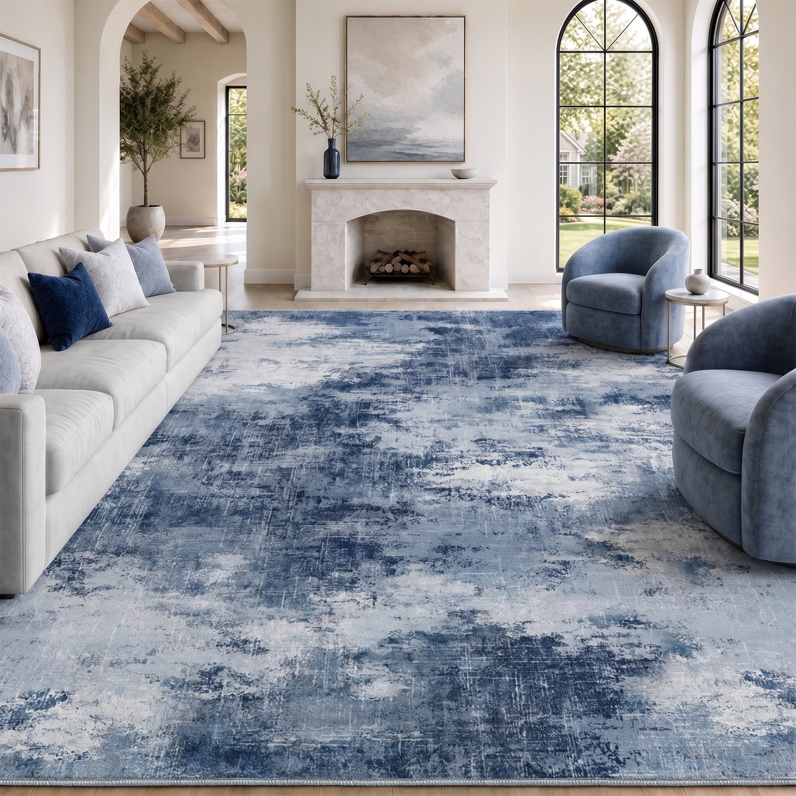 CHITOOMA 8'x10' Area Rugs for Living Room, Machine Washable Abstract Distressed Rugs Indoor Neutral Carpet Rugs for Bedroom Dining Room Office with Non-Slip Backing, Stain Resistant, Dark Blue