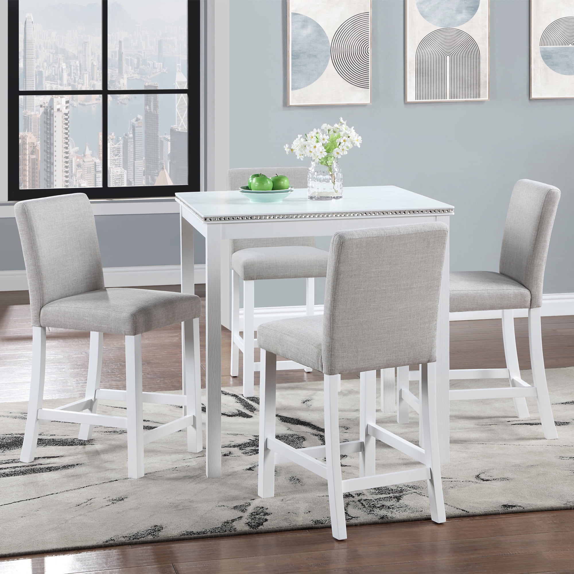 Leumius 5 Pieces Dining Table Set,Counter Height Table Set with Square Table and 4 Upholstered Chairs,Wooden Kitchen Table Set for Kitchen, Dining Room,Light Gray+White