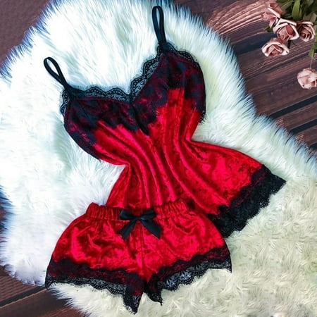 

New Women Sexy Lingerie Camisole Bow Shorts V-Neck Tops Velvet Pajamas Sleepwear