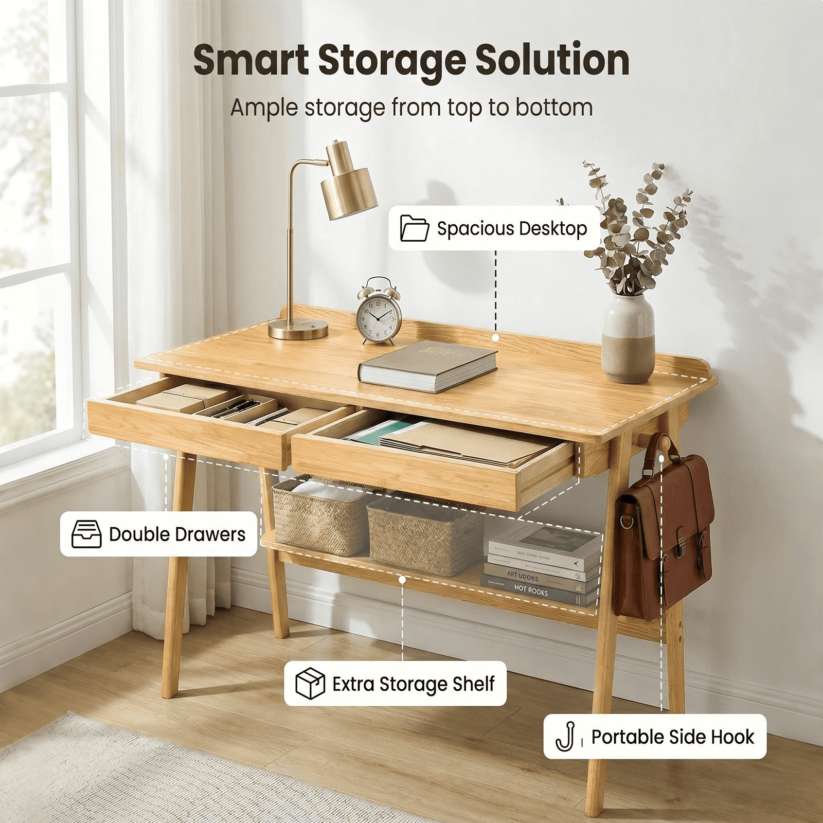 Solid Wood Writing Desk, Mid Century Modern Home Office Desk with 2 Drawers, Storage Shelf and Side Hooks, Wooden Study Desk for Bedroom Small Spaces